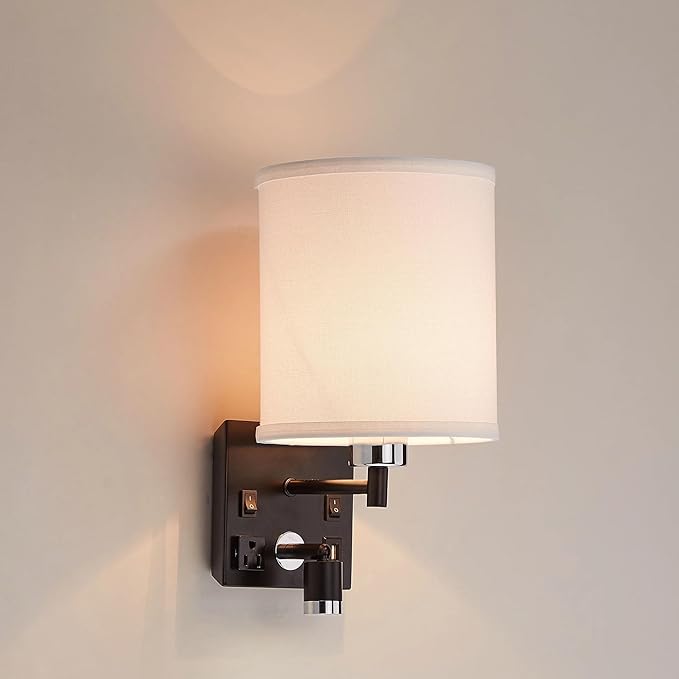 LEDMyplace 1-Light LED Wall Sconces, Indoor Sconce Light Fixture for Living Room with USB Ports and Outlet, E26 Base, Iron Body, White Fabric Shade, Brushed Nickel Finish, Wall Lighting for Hallway