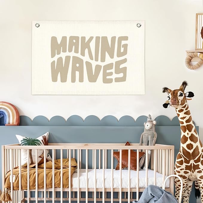 Lacama Coastal Nursery Boho Room Decor, Vintage Making Waves Canvas Banner Beach Kids Room Decor,Surf Nursery Decor Wall Hanging Banner Flag,30x20 Inch