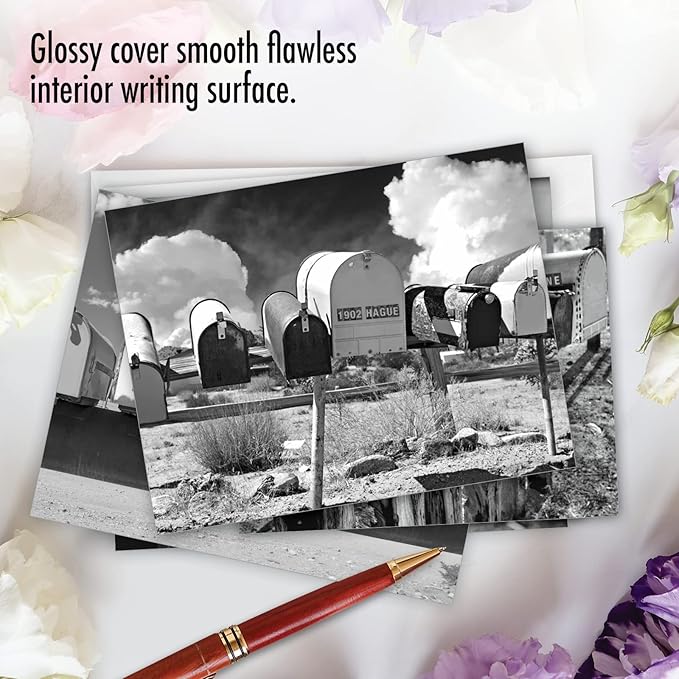 The Best Card Company - 10 Blank Note Cards with Envelopes (4 x 5.12 Inch) - Black & White Photos, Bulk Boxed Set - In the Mail M9681OCB