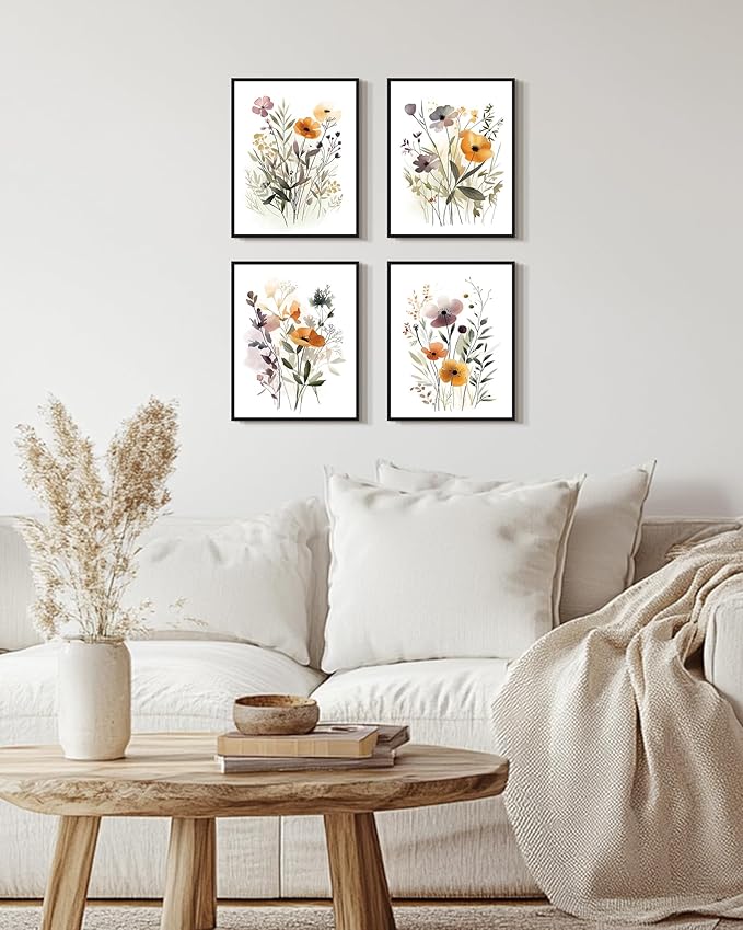 Drsoum Wildflower Bouquet Boho Framed Wall Art Wooded Minimalist Aesthetic Botanical Flower Prints Modern Plants Bathroom Kitchen Home Decor Ready to Hang 8x10inx4pcs (Black Framed)