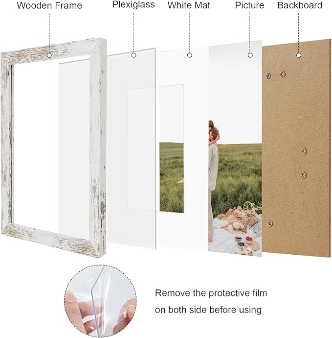 11x14 Picture Frame Set of 9, Photo Gallery Wall Frame Set Display Pictures 8x10 with Mat or 11 x 14 Without Mat, Multi Photo Frames for Wall Mounting or Table Top Display, Distressed White