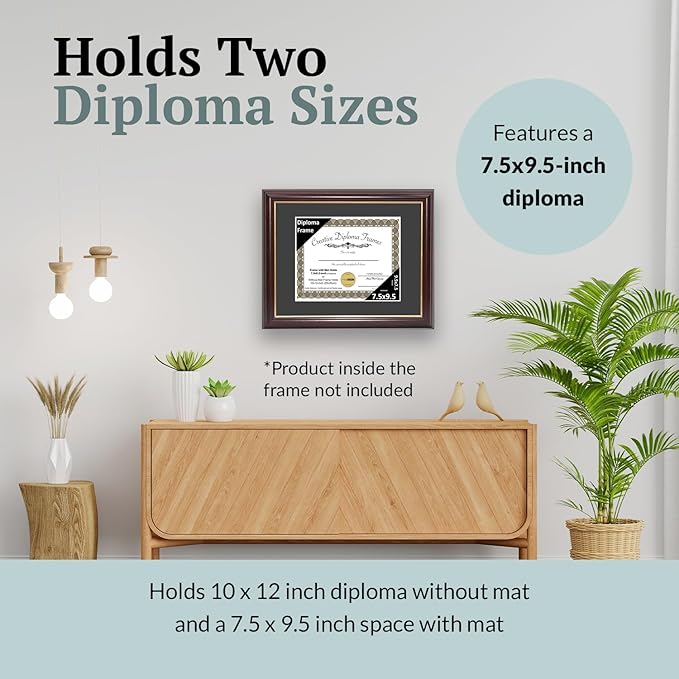Creative Picture Frames 7.5x9.5 Mahogany Gold Rim Diploma Frame with Black Mat Glass Easel and Installed Wall Hangers | Frame Holds 10x12 Media without Mat