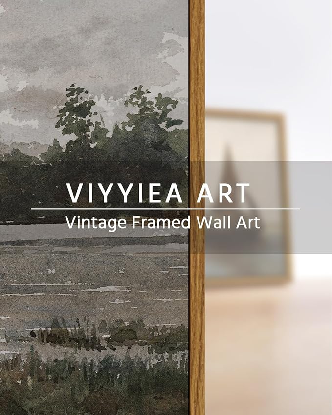 VIYYIEA Vintage Nature Large Framed Wall Art, Lakeside Landscape Paintings Art Decor Aesthetic, Canvas Print Artwork, Retro Scenery Wall Pictures for Bedroom Bathroom Office 24X36 Inch
