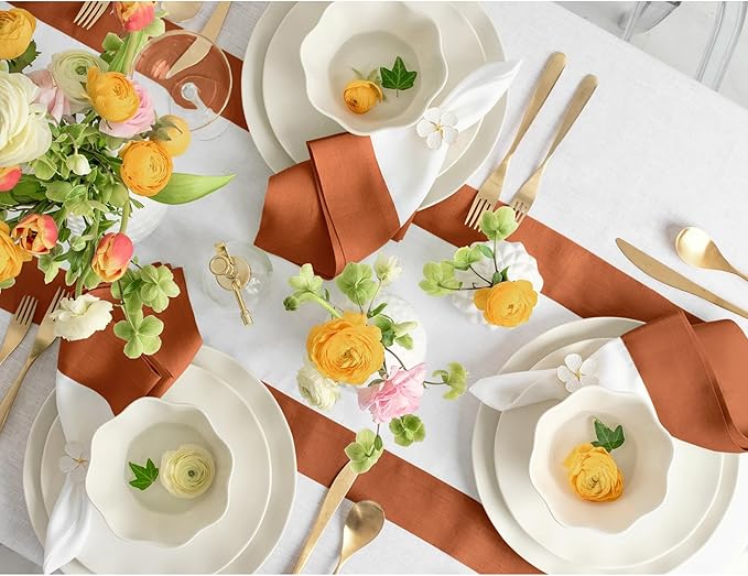 Solino Home Linen Table Runner 48 Inches - 100% Pure Linen Cinnamon and White Small Table Runner 14 x 48 Inch Ideal for Dresser and Coffee Tables - Contempo