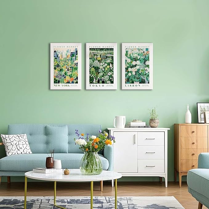 XLARTMY Flower Market Wall Art Prints Canvas Green Yellow White Floral Paintings Colorful Botanical Travel Flower Posters for Home Decor Pictures Set of 3 for Living Room Bedroom 16x24in