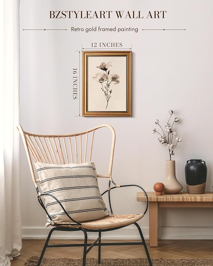 Bzstyleart Vintage Wall Art Decor for Living Room,Poppy Flower Wall Art,Sketch Painting Picture Gold Framed,Vintage Home Decoration,Room Decor Aesthetic for Bedroom Kitchen Bathroom Shelf,12L x 16W