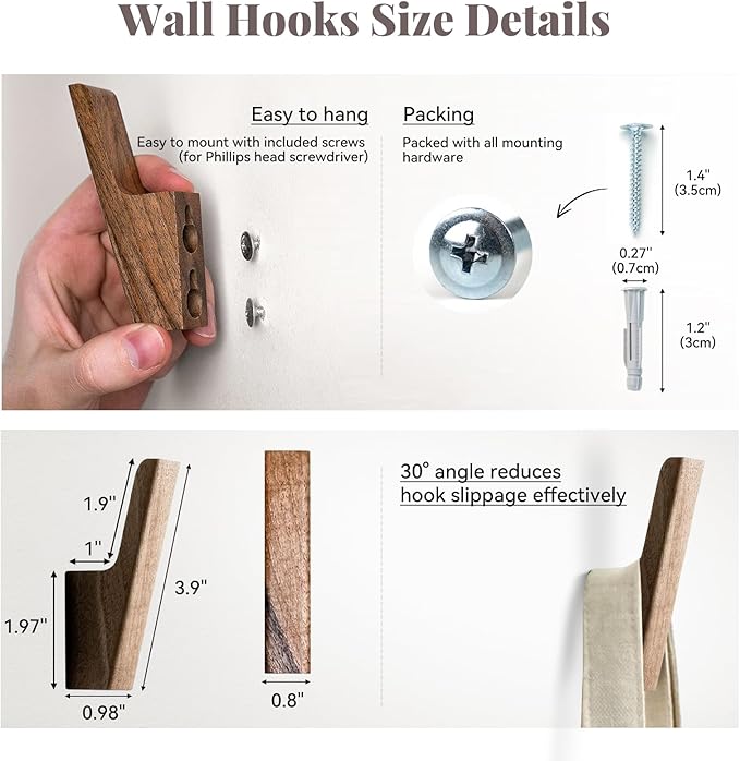 4Pcs Wooden Hooks for Hanging - Dark Walnut Coat Style, Cute & Funky Practical Design, Decorative Boho Towel Hooks, Suitable for Entryway, Bathroom, Kitchen, Holds Hats, Backpacks, Jackets