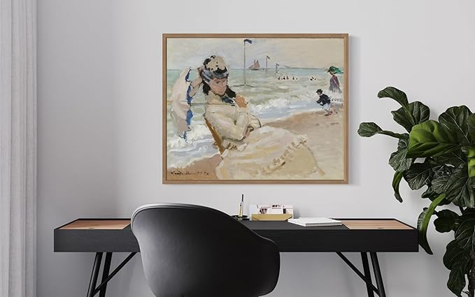 Camille on the Beach Claude Monet Wall Art Print Poster, Impressionist Painting Wall Art Wall Decor, for Bedroom and Living room Bathroom Decor 115 (Camille on the Beach, 16 x 20 inches, Wood Frame)