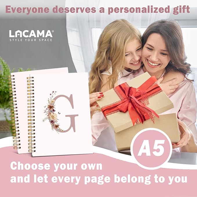 Lacama Pink monogram G notebook Journal, Aesthetic Wildflower Personalized Spiral Notebook, Customized Monogrammed Gifts, Birthday Gifts for Women, School Supplies, Office Supplies 5.5x8.3