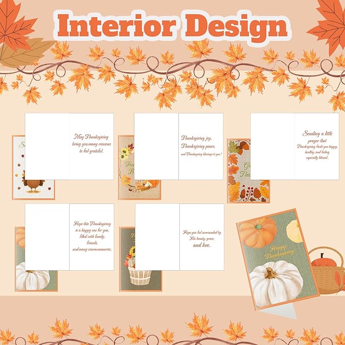 100 Pack Thanksgiving Cards with Envelopes and Stickers Fall Greeting Cards Assortment 5 Designs Fall Leaves Turkey Pumpkin Holiday Harvest 4 x 6 Blank Notes Religious Party Supply