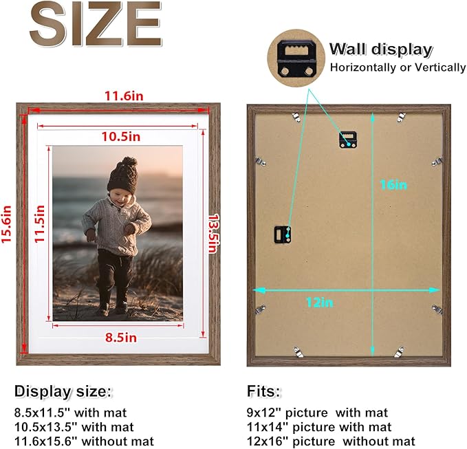KINLINK 12x16 Picture Frame Brown Wood, Solid Wood Frames with Acrylic Plexiglass for Pictures 11x14/9x12 with Mat or 12x16 without Mat,Wall Display Photo Frame, Set of 4