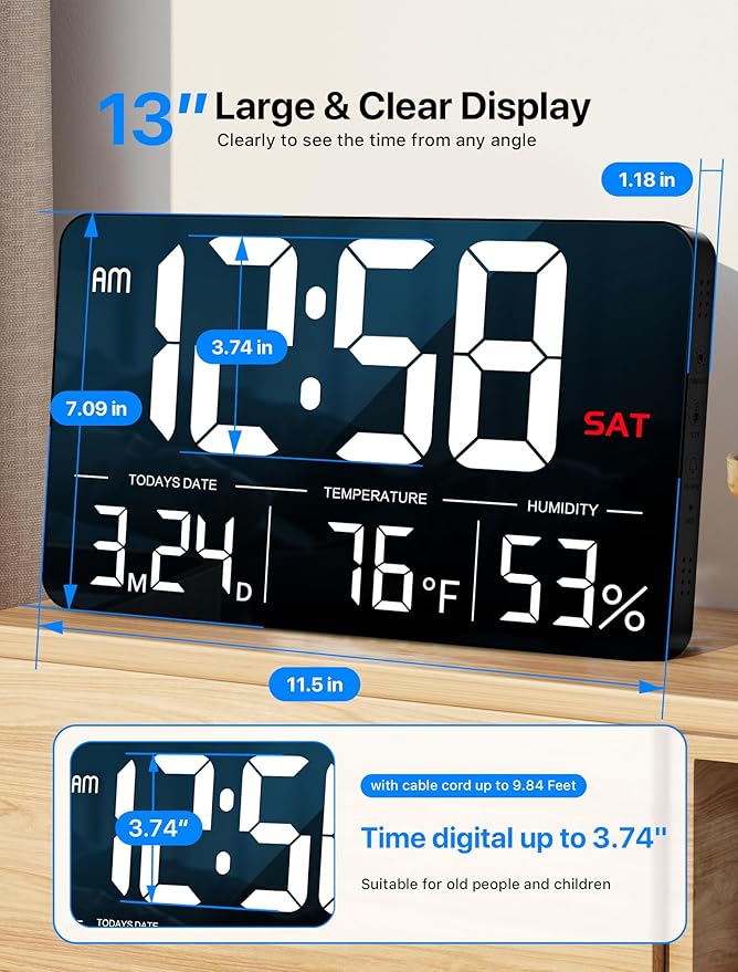 MASHI Digital Clock,13" Large Display Digital Wall Clock, Adjustable Brightness Calendar Clock with Day and Date,DST,Alarms,Humidity, Temperature for Desk, Wall Mounted, for Elderly