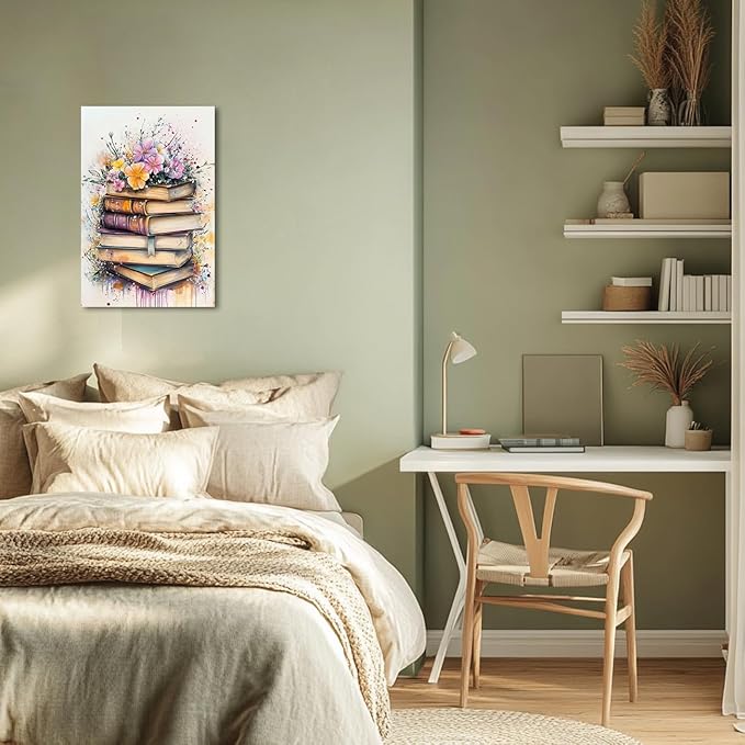 AWPANERAR Books Canvas Wall Art Moody Floral Picture Prints Flower and Books Painting Aesthetic Poster Watercolor Moody Artwork Library Study Decor Framed (18L x 12W)