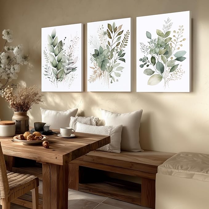 LLEEMPI Framed Sage Green Wall Art Set of 3, Modern Watercolor Botanical Wall Decor, Eucalyptus Leaf Canvas Painting, Classic Minimalist Florals Poster Print for Bedroom Bathroom Office 16x24 Inch