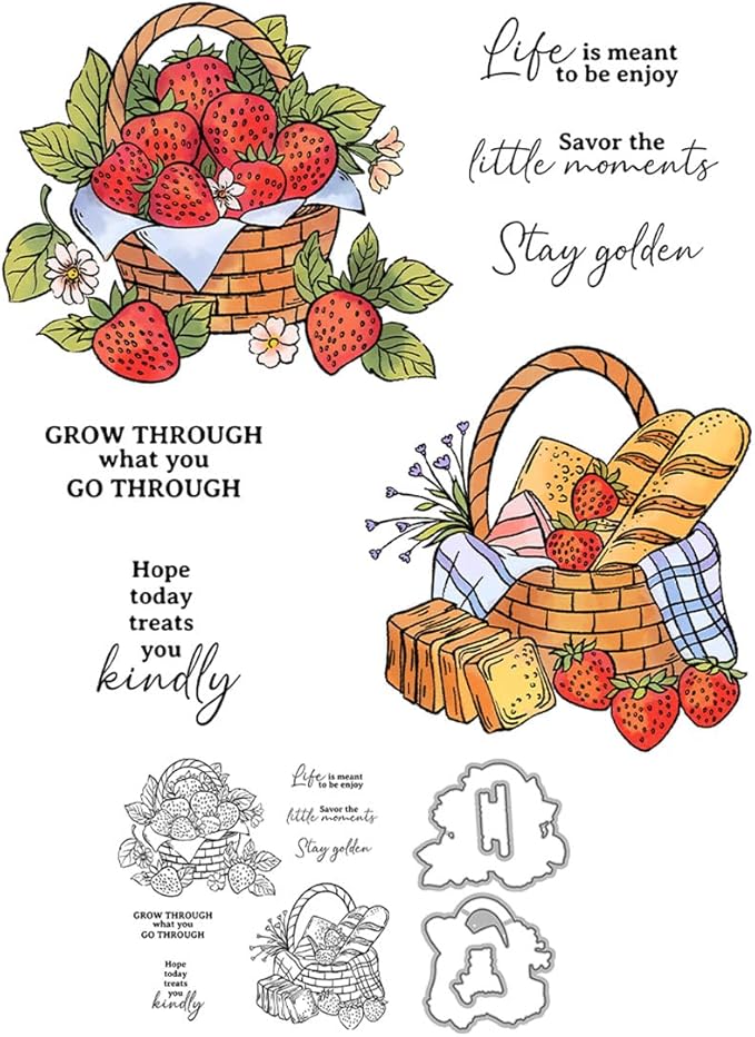 Strawberry Bread Basket Stamps and Cutting Dies for Card Making DIY Transparent Silicone Clear Stamp and Metal Die Cuts Sets for Scrapbooking Paper Greeting Cards Decor Seals Craft Supplies