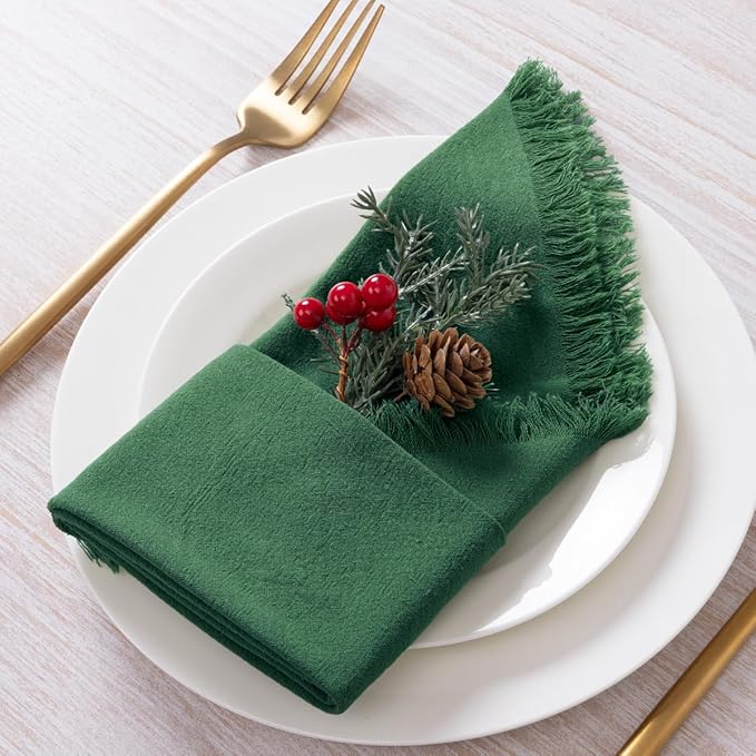 6 Pack Dark Green Cotton Linen Napkins with Fringe Christmas Green Cloth Napkins Set of 6 Boho Handmade Dinner Napkins Bulk for Wedding Bridal Baby Shower Valentine's Day, 17 x 17 Inches