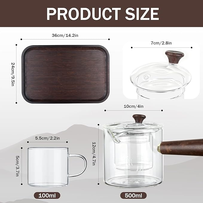 Bokon 8 Pcs Glass Teapot Set 500ml Glass Teapot with Removable Infuser 6 Pcs 100ml Transparent Cups and Bamboo Tea Tray for Home Travel Office Outdoor Gifts