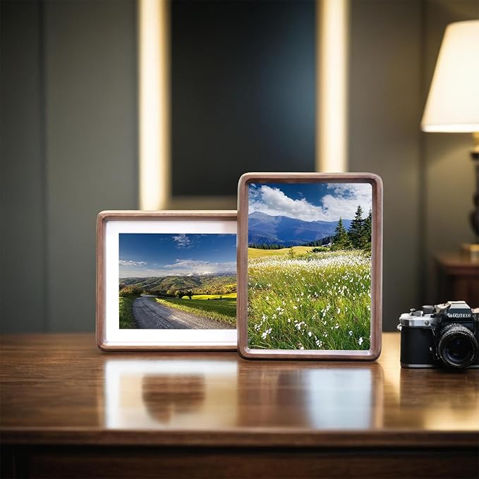 HELPLEX 4x6 Picture Frame Set of 2 - Solid Walnut Wood, Adjustable Mat for 3x5 & 4x6 Photos, Shatter-Resistant Glass - Wall & Tabletop Family Gallery, Modern Minimalist Home Decor