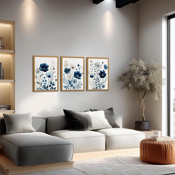 LLEEMPI Navy Blue Floral Wall Art Set of 3, Modern Wildflower Wall Decor, Watercolor Botanical Canvas Paintings, Classic Minimalist Poster Prints for Bedroom Bathroom Office Wood Framed 12x16 Inch