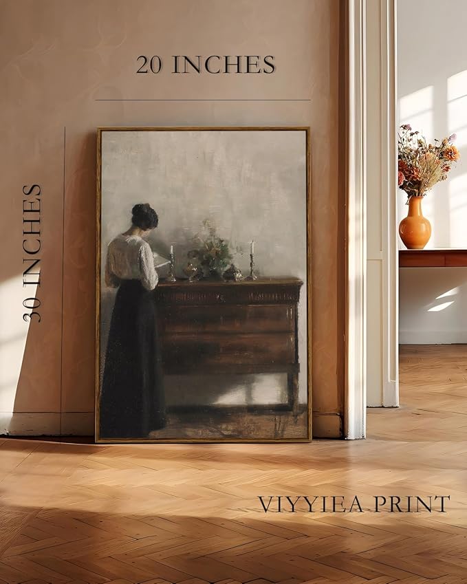 VIYYIEA Vintage Women Large Framed Wall Art, Woman Standing Reading Paintings Decor Aesthetic, 20x30 Inch Canvas Print Artwork, Retro Portrait Wall Pictures for Bedroom Living Room