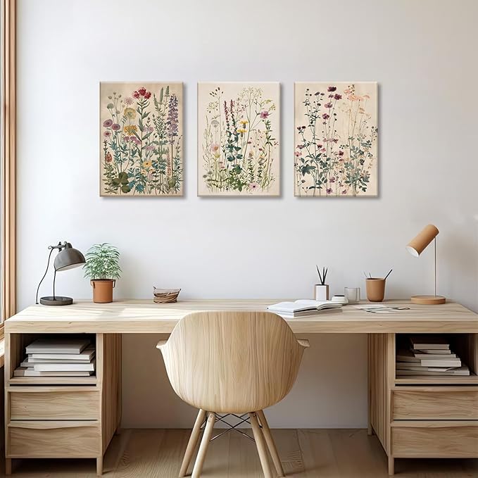 TUEASKY 3 Piece Colorful Wildflower Canvas Wall Art Vintage Flower Wall Art Watercolor Floral Decor Botanical Prints for Living Room Bedroom Office 12x16in Framed