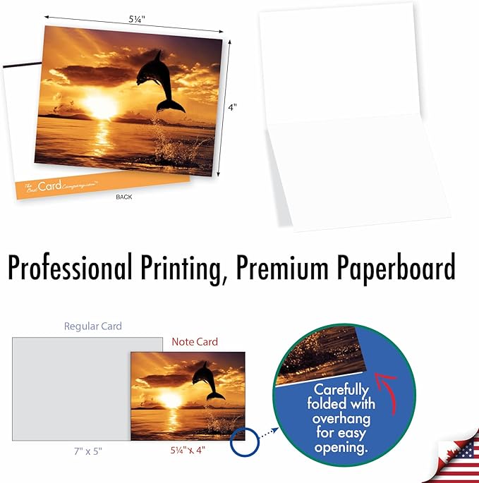 The Best Card Company - 10 Blank Animal Cards Boxed (4 x 5.12 Inch) - Assorted Pets, Zoo, Wildlife Cards for Kids - Sunset Dolphins M6460OCB-NB