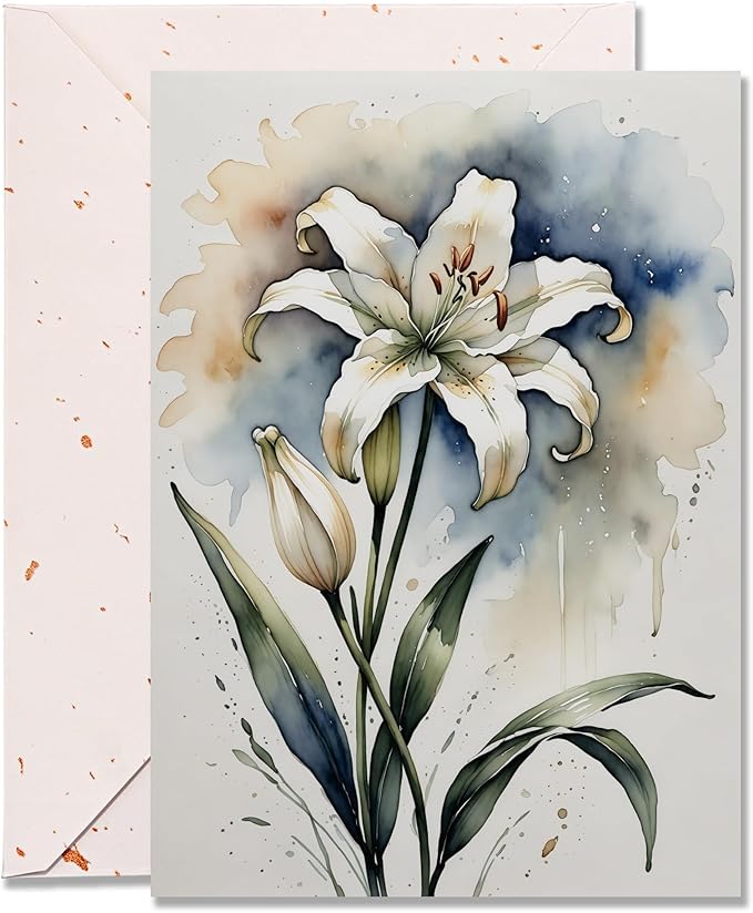 5x7 Blank Inside Greeting Card with Envelope, Watercolor Lily Greeting Card for All Occasions – Birthday, Sympathy, Thank You, Wedding - Single Card