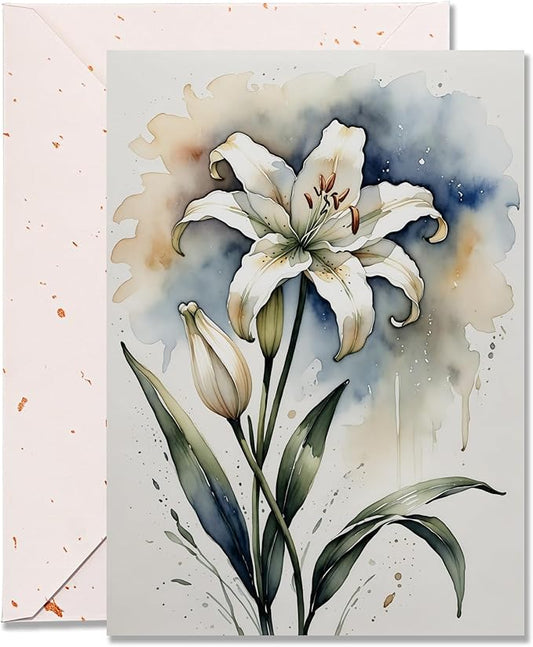 5x7 Blank Inside Greeting Card with Envelope, Watercolor Lily Greeting Card for All Occasions – Birthday, Sympathy, Thank You, Wedding - Single Card