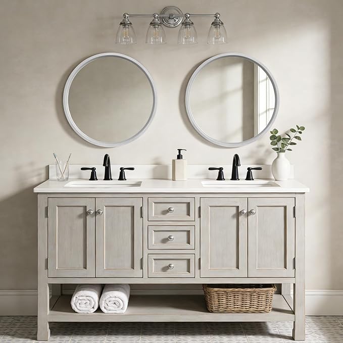 WallBeyond 28 Inch Round Wood Mirror, Large Circle Wooden Frame Wall Mirror for Bathroom, Living Room, Bedroom, Entryway (White)
