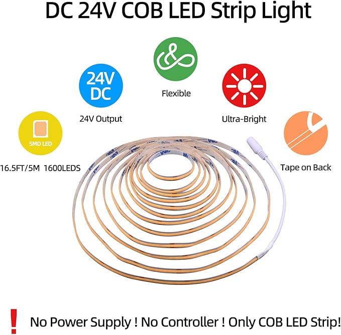 LED Strip Lights 24V COB LED Warm 3000K Super Bright LED Strip 16.4ft 5M Dotless High Density Cuttable Flexible for Home DIY COB LED Commercial Lighting Projects (Power Supply & Dimmer Not Included)