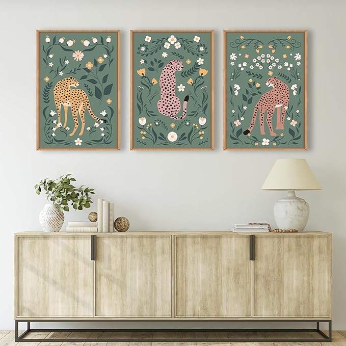 KAIRNE Boho Cheetah Wall Art Set of 3, Floral Leopard with Green Botanical Background, Mid Century Modern Animal Prints for Bedroom, Living Room, Office Decor, Aesthetic Framed Wall Decor, 16x24 Inch
