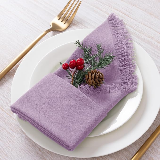 12 Pack Purple Cotton Linen Napkins with Fringe Spring Cloth Napkins Set of 12 Boho Handmade Dinner Napkins Bulk for Wedding Bridal Baby Shower Valentine's Day, 17 x 17 Inches