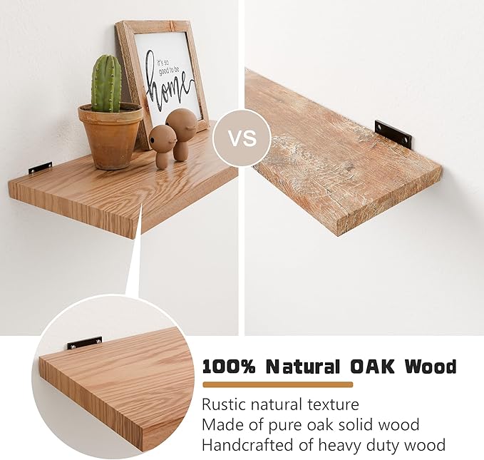 30 Inch Solid Oak Floating Shelves - Natural Wood 12 Inch Deep Wall Shelf, Rustic Display Shelf, Hanging Wall Shelf Decoration for Bedroom, Bathroom, Living Room