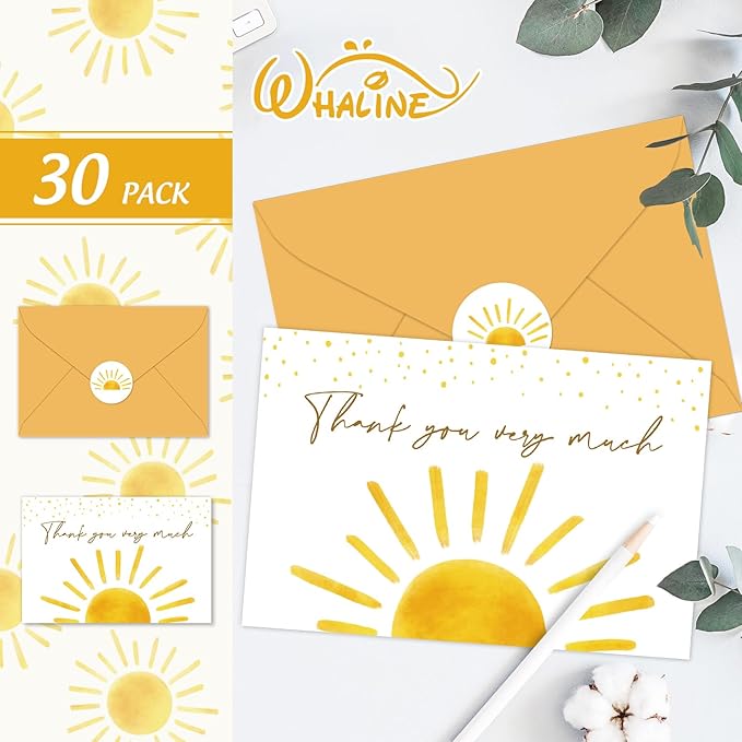 Whaline 30 Pack Baby Shower Thank You Cards with Envelopes Stickers Boho Sun Greeting Cards Sunshine Blank Note Card for Baby Shower Birthday Wedding Party Supplies, 4 x 6 Inch