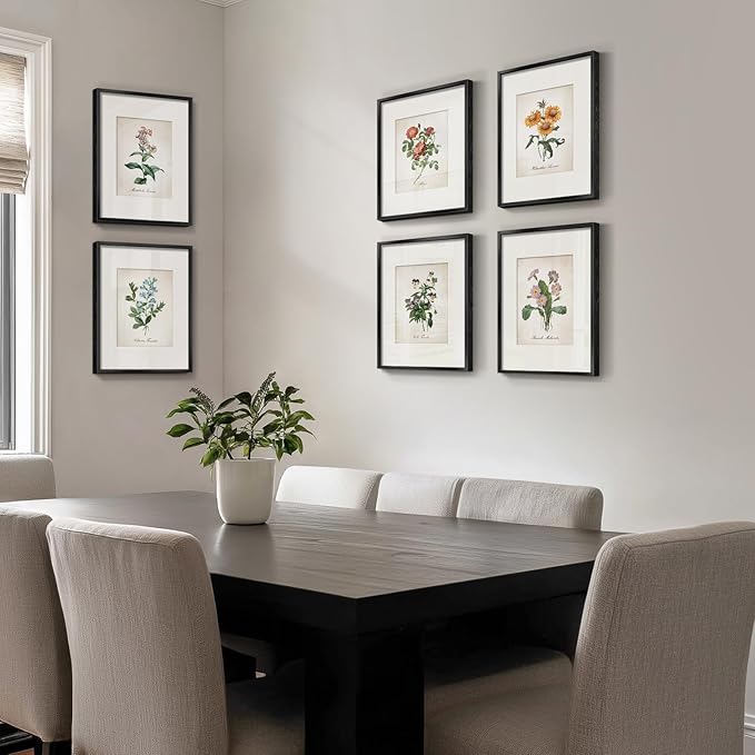 Framed Botanical Floral Wall Art, Set of 6 Vintage Wildflower Prints with Mat, Rustic Farmhouse Nature Flowers Artwork for Bedroom Living Room Hallway Dining Room Modern Neutral Home Decor, 11x14 In