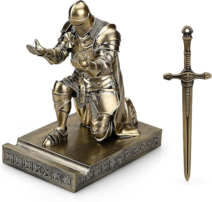 King's Guard Leader Cloak Warrior Knight Pen Holder Mobile Phone Stand, Ornament Knight Statue, Pen Stand Paperweight for Office and Home (Bronze)