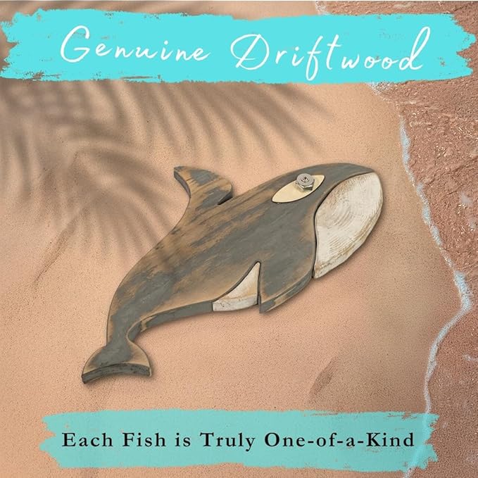 Mint Bucket Brands Driftwood Fish Nautical Wall Decor - 17" x 10" Handmade Wooden Rustic Coastal Wall Art for Living Room, Bedroom, Office, Bathroom - Ocean Beach Decoration (Finn)