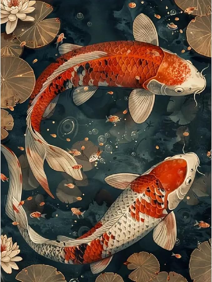 JFYHAB Koi Fish Diamond Art Kits for Adults, Scenery Fish DIY Full Drill Diamond Painting Kits for Beginners, 5D Gem Art Crafts for Adults, Home Wall Decor 12x16 inch