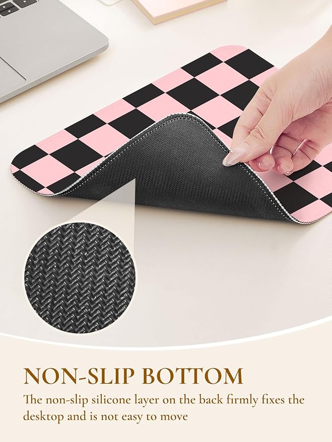 Cute Pink Mouse Pad,Retro Checkered Pattern Mousepad,Square Aesthetic Plaid Waterproof Grid Mouse Mat Design, Non-Slip Rubber Base Computer Funny Boho Mouse Pads, Desk Accessories,Black Pink