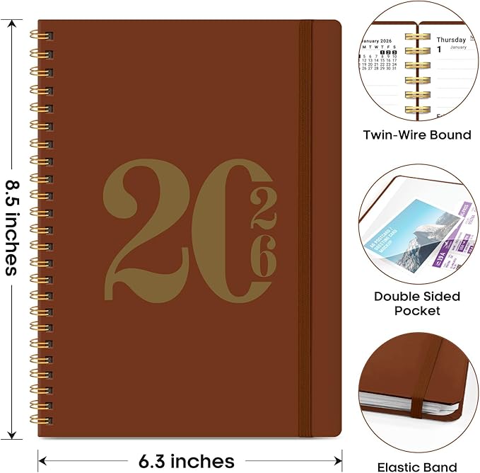 2026 Planner, Weekly and Monthly Calendar Planner for Women, Jan 2026 - Dec 2026, Hardcover Planning Agenda book with Tabs, Spiral Bound, Inner Pocket, Perfect for School Office Supplies, 6.3" x 8.5" - Rust Brown