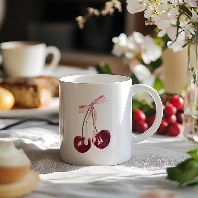 Pink Bow Cherry Coffee Mugs, Cute Preppy Pink Ceramic Coffee Mug Gifts for Women Teen Girls, Coquette Girly Coffee Cup, 11oz Ceramic Cup White