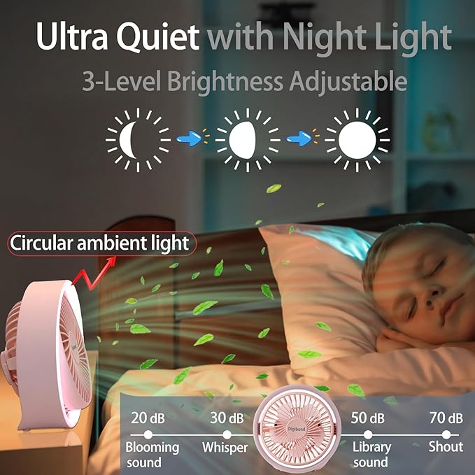 Pink Desk Fan, Small Quiet with Ambient Light/Hook Portable USB Fan 5.3in High Power 3000mAH Rechargeable Battery Operate 3 Speed 180°Rotated Easy Clean