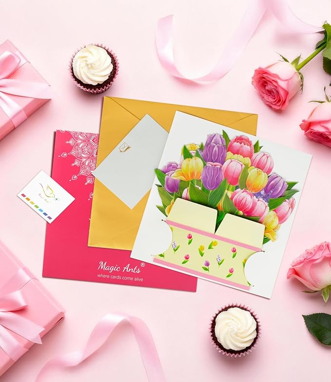 Colorful Tulip 3D Pop Up Spring Greeting Card for Mother’s Day Birthday Easter Anniversary Thank You Sympathy Get Well, Handmade Floral Bouquet for Mom, Grandma, Wife, Teacher, with Envelope and Blank Note Card