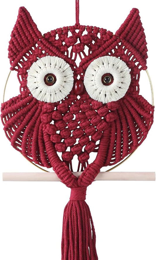 MVSUTA Owl Burgundy Cotton Handmade Macrame Wall Hanging Tapestry Home Decor Art and Red Craft Wonderful Decoration Woven Boho Ornament for Office Bedroom Apartment Living Room Nursery Gallery,1pc