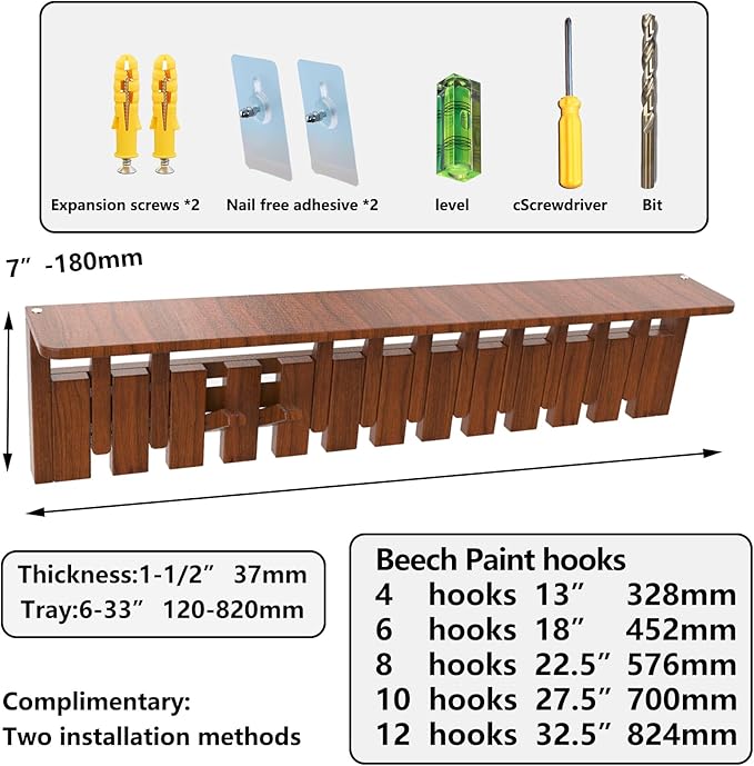 Wall Mounted Coat RackHooks Piano Key Hangers Natural Solid Wood Hanger Non-Woven Fabric Clothes Hangers for Closet, Kitchen, Bedroom, Bathroom, Entryway (Tray-Beech, 4 Hooks)