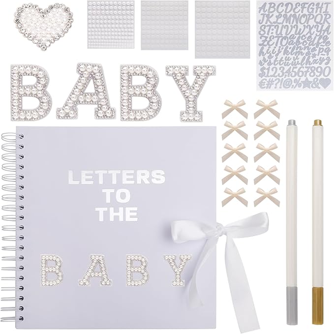 BINBE 10 x 10 Inch Letters to The Baby Scrapbook DIY Blank Paper Album Memory Book for Kids Sign with Pearl Scrapbook Photo Stickers, Metallic Letters, Bows (White)