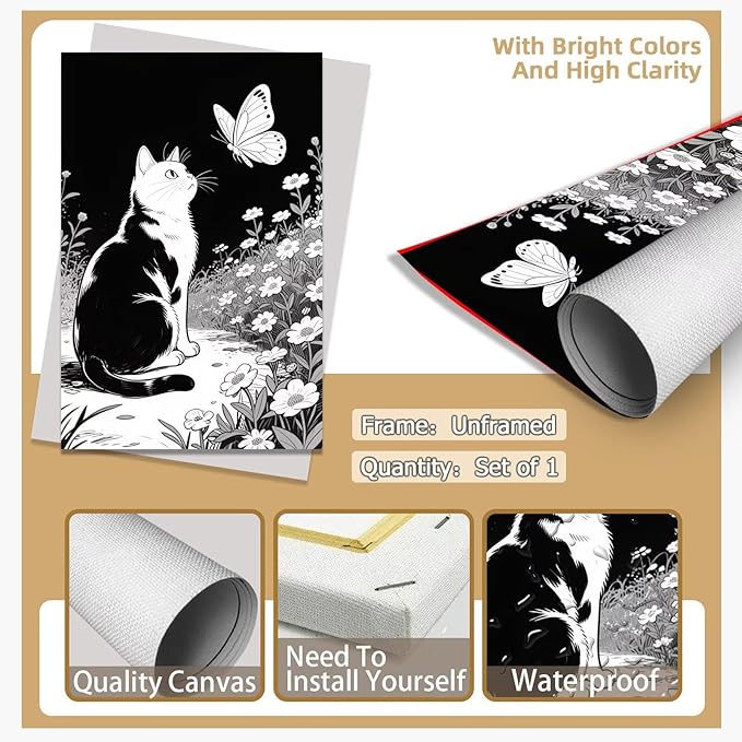 Cats Butterflies in Flowers Canvas Poster Vintage Minimalist Nature Wall Art Trendy Black White Aesthetic Painting Prints Modern Animal Home Decor for Bedroom Living Room 16x24inch Unframed