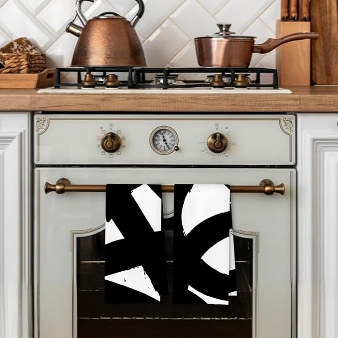 Abstract Black and White Kitchen Towels Set of 2, Modern Black and White Dish Tea Towels for Kitchen, Abstract Decor Hand Towels, Modern Bathroom Decor, 16x24 Inches