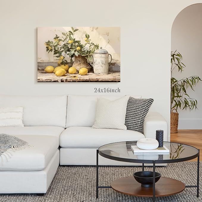 LLEEMPI Framed Vintage Lemon Wall Art, Country Botanical Wall Decor, Yellow Fruit Still Life Canvas Painting, Rustic Farmhouse Poster Print for Kitchen Living Room Bathroom Bedroom 16x24 Inch