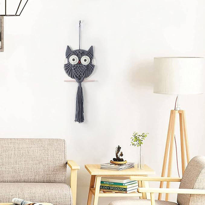 MVSUTA Owl Grey Cotton Handmade Macrame Wall Hanging Tapestry Home Decor Art and Gray Craft Wonderful Woven Boho Ornament for Office Bedroom Apartment Living Nursery Gallery,1pc Middle size:9.8" W x